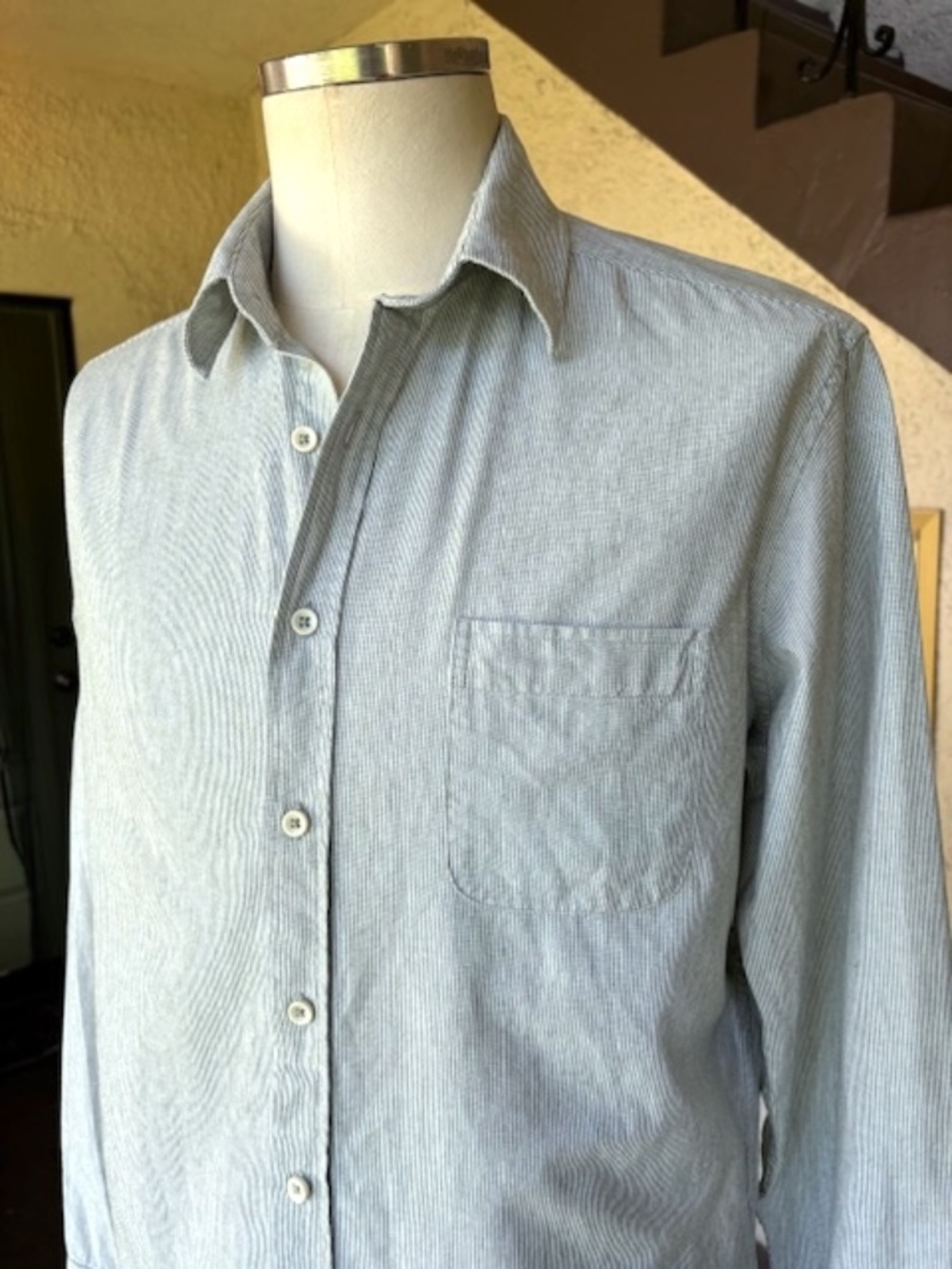 TAYLOR STITCH Green Pinstriped Organic Cotton L/S Button-Up Shirt EUC/sz 42